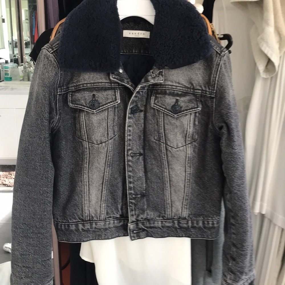 Sandro distressed black/gray jean jacket w/navy